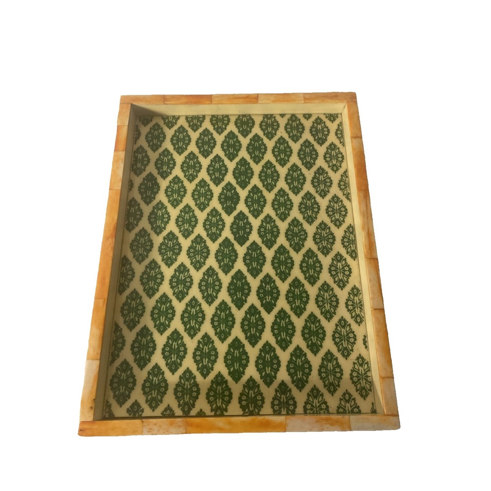 Two's Company Wooden Serving Tray Orange and Green Ikat